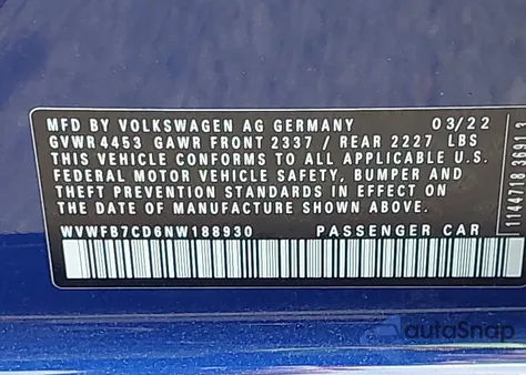2022 Volkswagen Golf R 2.0T from USA, damaged, VIN WVWFB7CD6NW188930